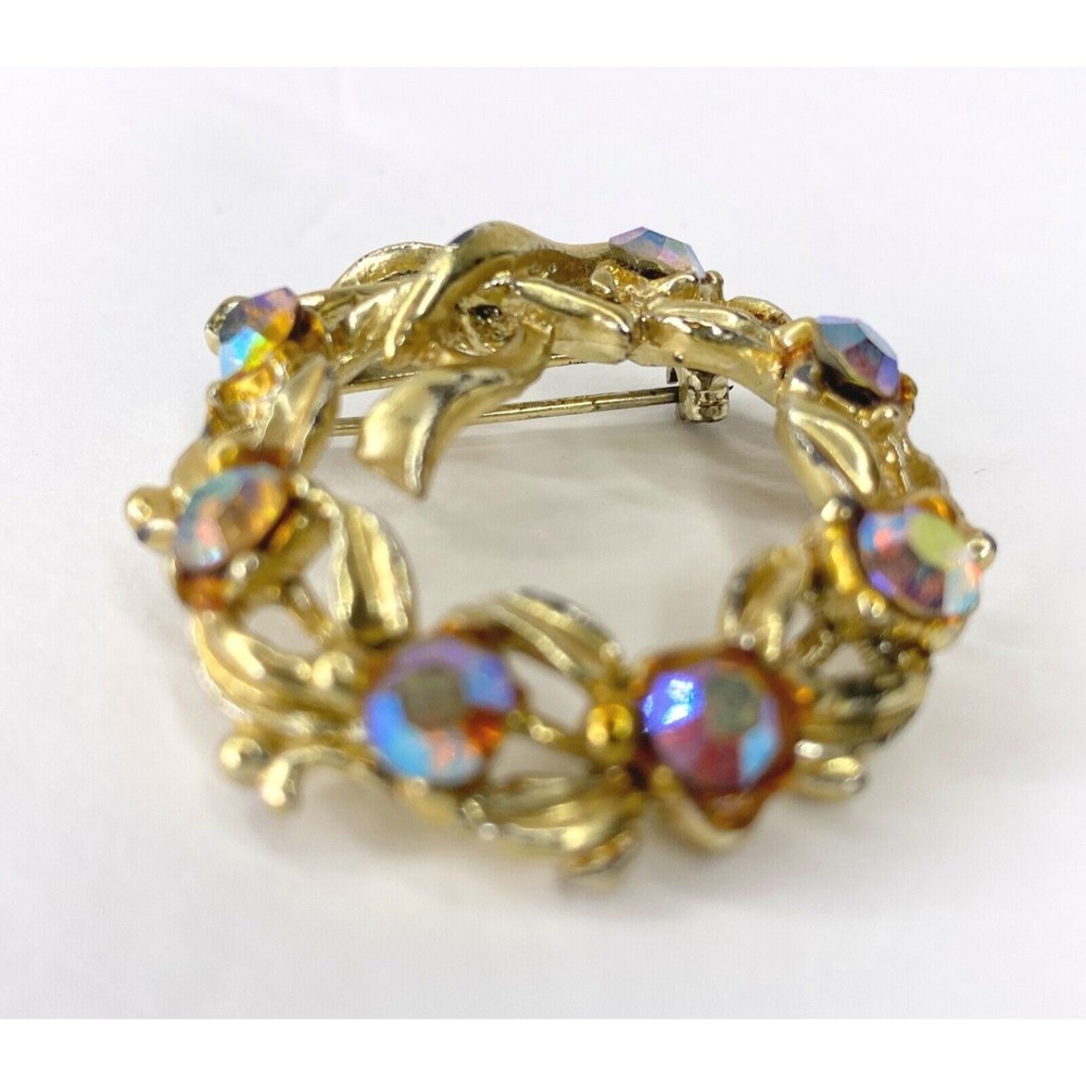 1960 Gold Tone Aurora Vintage Brooch Rhinestones, Circle - Picture 2 of 10